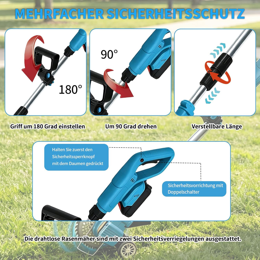 Akku-Rasenmäher mit Rasenkantenschneider Akku Rasentrimmer mit 2 * 3000mAh Batterien,Elektrischer Mo
