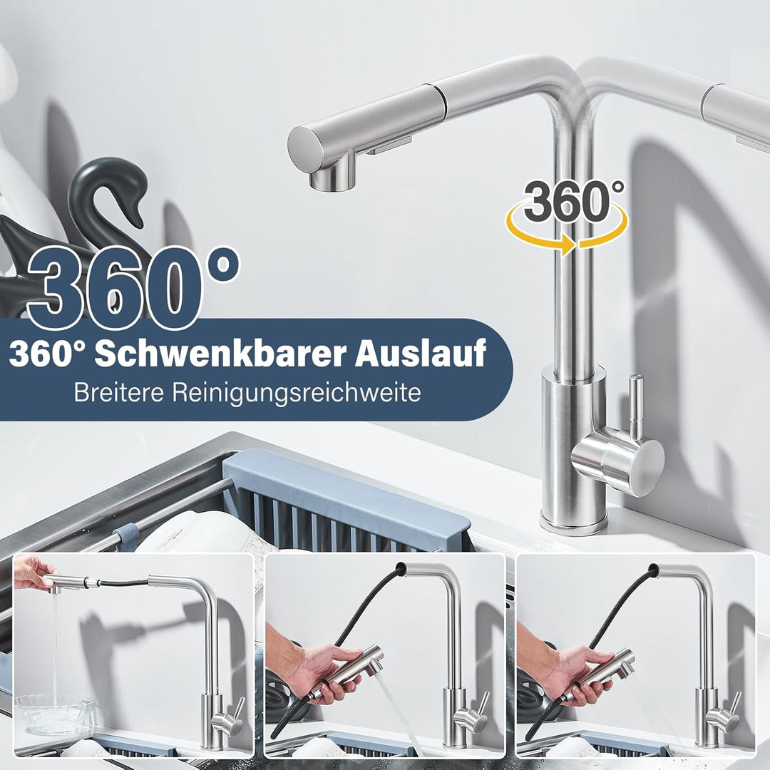 Rozin Wasserhahn Küche Hochdruck Gebürstetes Nickel 360° Drehung Küchenarmatur Ausziehbar Wasserhahn