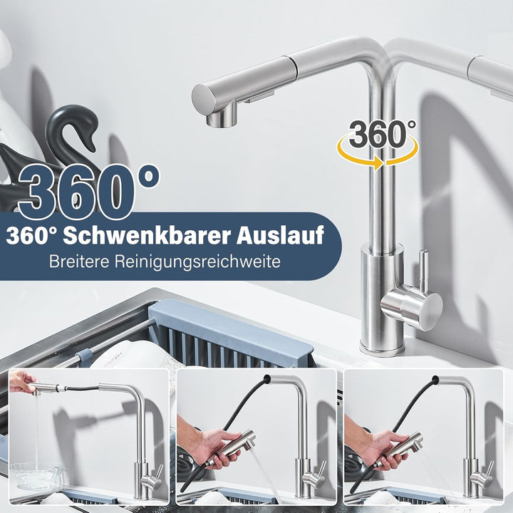 Rozin Wasserhahn Küche Hochdruck Gebürstetes Nickel 360° Drehung Küchenarmatur Ausziehbar Wasserhahn