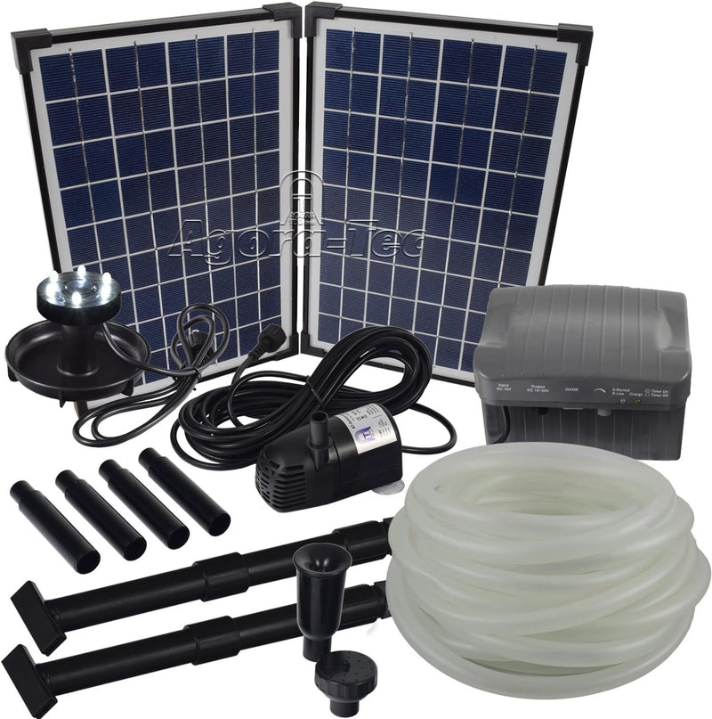 Agora-Tec® at-Solar Bachlaufpumpen - Set 20W-BLH mit Akku und 6- Fach LED Ring inklusive 9 Meter Bac