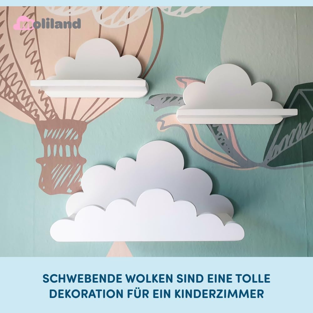 3er Set Wandregal Kinderzimmer Weiss | Babyzimmer Wolkenregal für Bücher, Spielzeug, Dekoration | Re