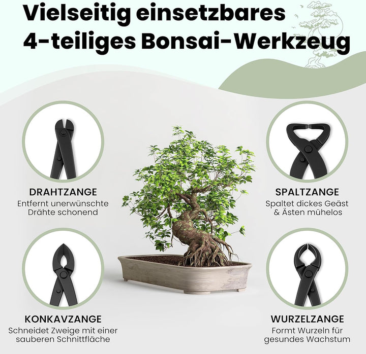 Bonsai Werkzeug-Set Profi 4-teilig aus Stahl mit praktischer Aufbewahrungstasche - Traditionelles Bo