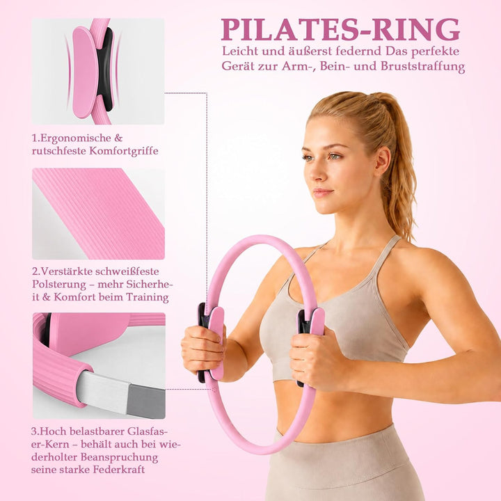 Pilates Set 14 Teilig für Zuhause–mit Pilates Ring, Pilates Ball, Faszienrolle, 5 Fitnessbänder für