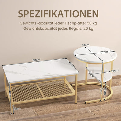 COSTWAY 2er Set Couchtisch, Beistelltisch Marmor Optik mit Metallrahmen & Ablage, Kaffeetisch Wohnzi