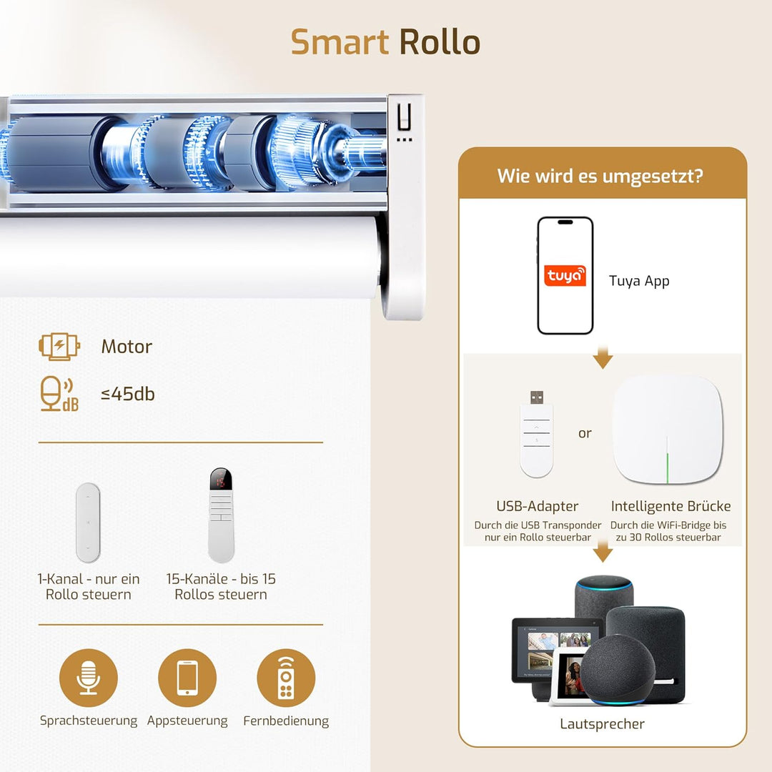 Grandekor Elektrische Rollos Innen, Verdunklungsrollo ohne Bohren mit Fernbedienung &amp; Leiser Motor W