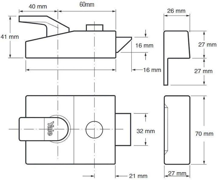 Yale P89 Nachtriegelschloss, Dornmass 60 mm, Chrom Chrome 60mm Backset Visi, Chrome 60mm Backset Vis