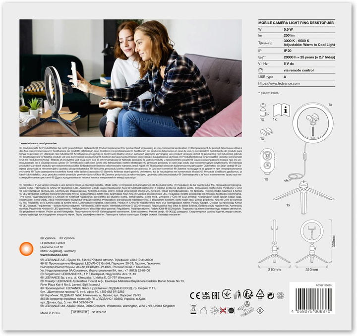 Ledvance LED Ringlicht mit Stativ 190mm mit USB Anschluss, 72 LEDs dimmbar, 3000-5800k, 10W-400-500