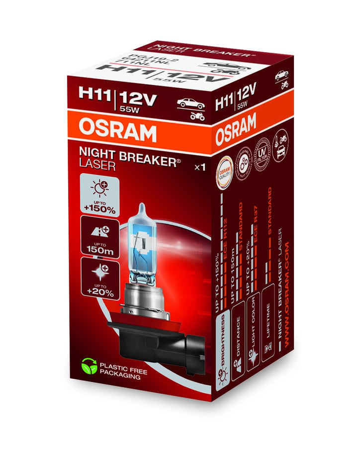 Osram NIGHT BREAKER LASER H11, +150% mehr Helligkeit, Halogen-Scheinwerferlampe, 64211NL, 12V PKW, F