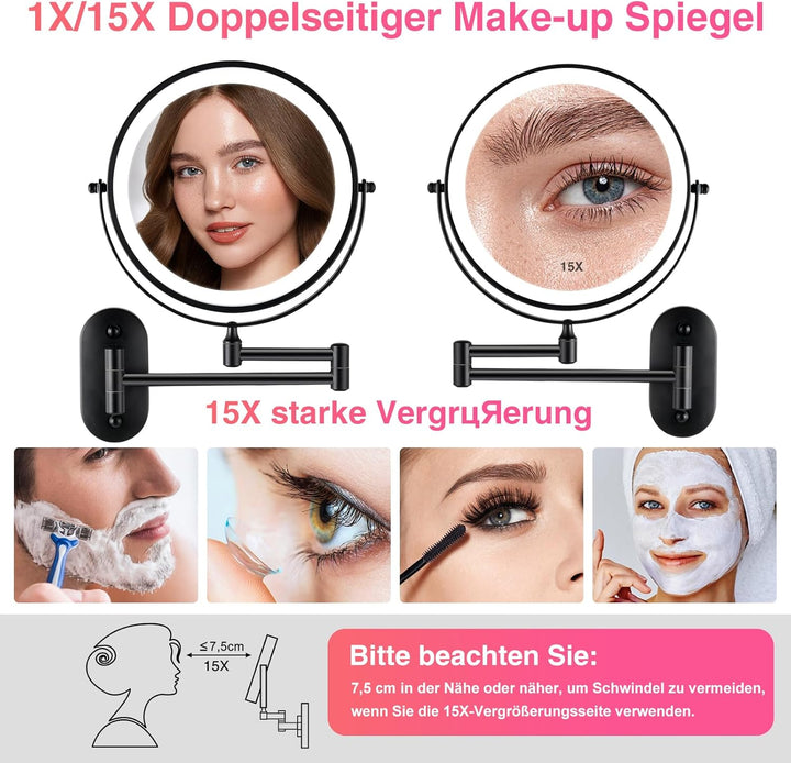 Vergrösserungsspiegel mit Beleuchtung 1x/15x & Akku: Wandmontierter beleuchteter Schmink- und Kosmet
