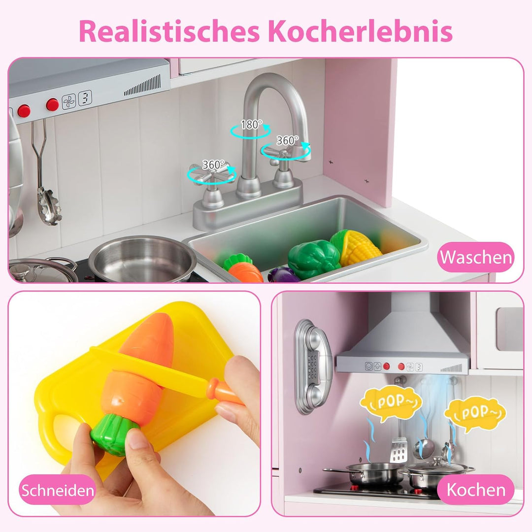 COSTWAY Kinderküche Holz, Spielküche mit Licht und Sound, Holzküche mit Tafel, Mikrowell, Spüle, Ofe