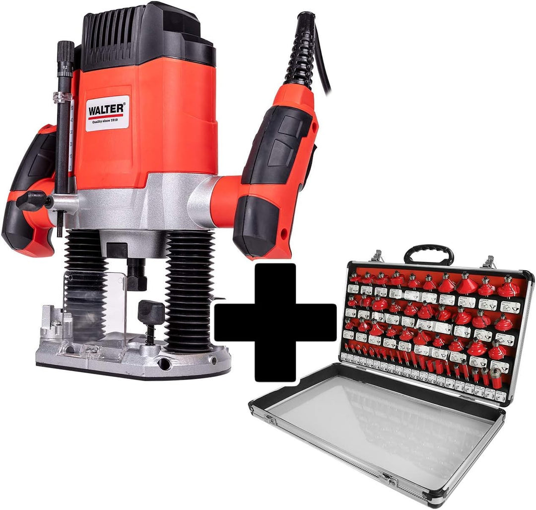 WALTER Oberfräse 1200 W mit Hartmetall-Fräsersatz 50 tlg, 55 mm Hubhöhe, Leerlaufdrehzahl 11.000-30.