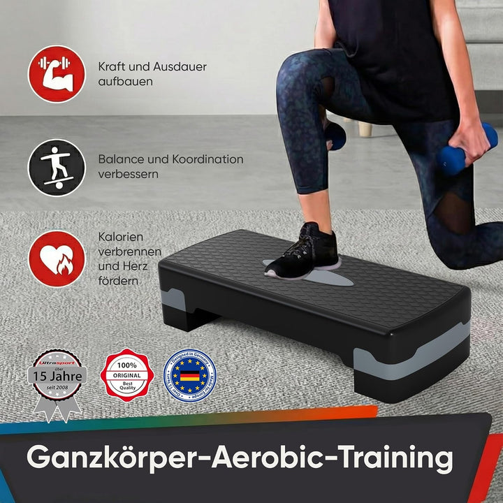 Ultrasport Aerobic Steppbrett I Step Up Board Rutschfest, 2-fach Höhenverstellbar I Fitness Stepper