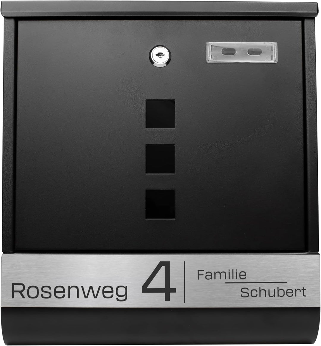 Grafner Briefkasten personalisiert, schwarz mit Zeitungsfach und 2 Schlüssel, V2A Namensschild, Post