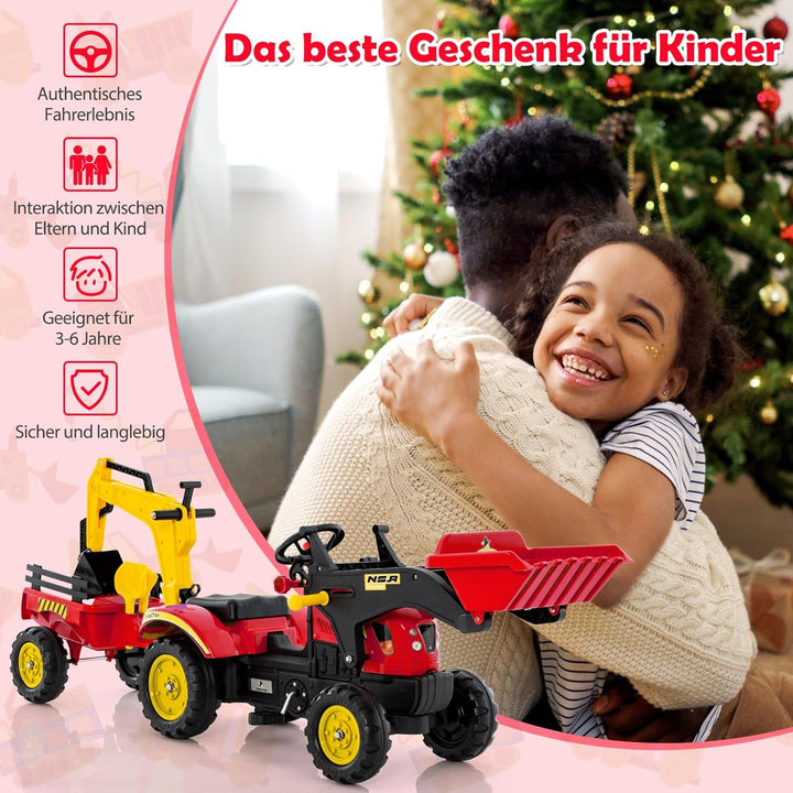 DREAMADE Trettraktor, Kindertraktor mit Anhänger &amp; Schaufel &amp; Frontlader, Kinderbagger Sitzbagger mi