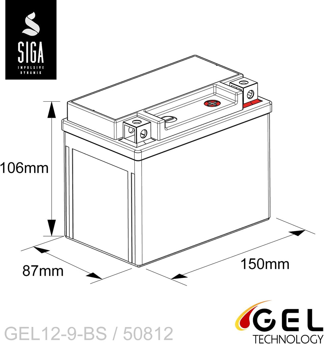 SIGA GEL Motorradbatterie 12V 9Ah 220A/EN GEL Batterie YTX9-BS GEL12-9-BS YTX9-4 GTX9-BS ETX-9-BS 50