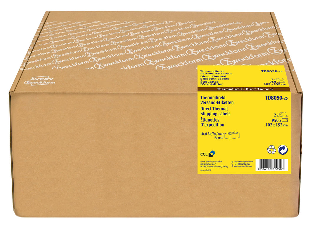 AVERY Zweckform TD8050-25 Thermodirekt Versandetiketten (102 x 152 mm, 2 Rolle/950 Etiketten) weiss