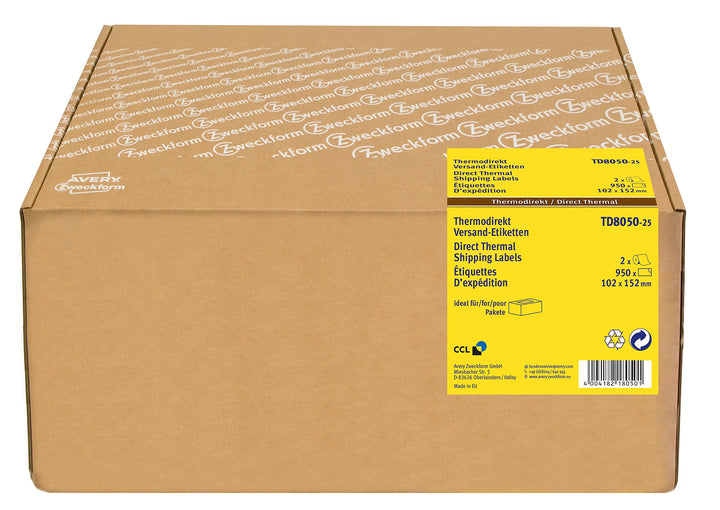AVERY Zweckform TD8050-25 Thermodirekt Versandetiketten (102 x 152 mm, 2 Rolle/950 Etiketten) weiss