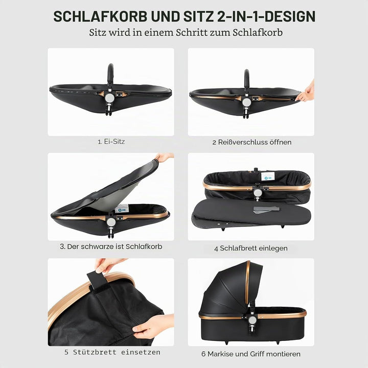 Prokoke PU-Leder Kinderwagen 3 in 1, Buggy mit Verstellbarem Sitz mit 360°-Drehung, Kinderwagen mit