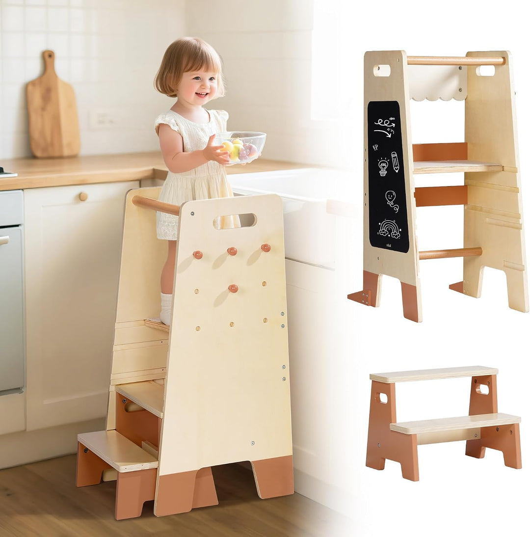 ROBUD Lernturm für Kleinkinder mit abnehmbarem Tritthocker, 2-in-1 Lernturm aus Holz mit Tafel, 3-fa