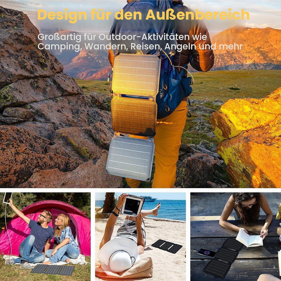 FlexSolar 15 W tragbares Solarpanel-Ladegerät (5.5 V/2.9 A max), wasserdicht, faltbar, IP67, mit USB