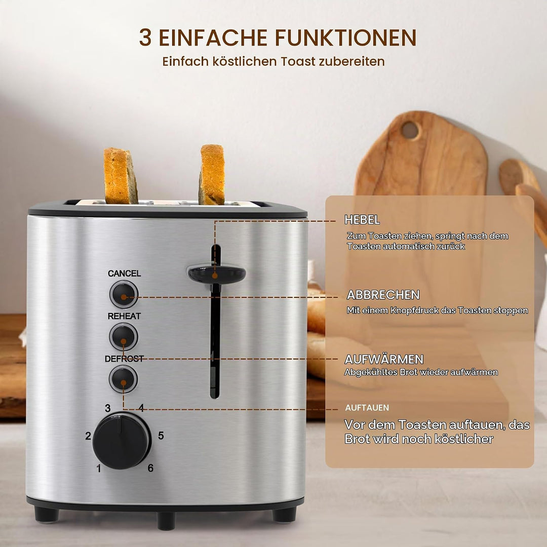 KitchenBoss Toaster 2 Scheiben 870W：Toaster Edelstahl mit Brötchenaufsatz und Krümelschublade, 6 Brä