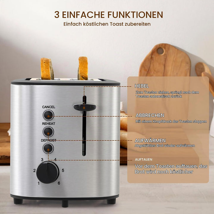 KitchenBoss Toaster 2 Scheiben 870W：Toaster Edelstahl mit Brötchenaufsatz und Krümelschublade, 6 Brä