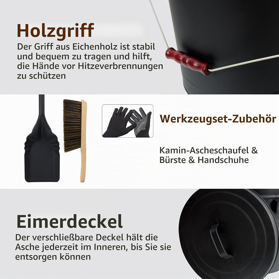 BRIAN &amp; DANY Ascheeimer mit Deckel, Runder Kohleeimer für Kamine, 20L Eimer mit Schaufel und Handbes