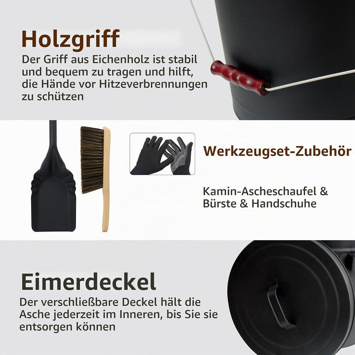 BRIAN &amp; DANY Ascheeimer mit Deckel, Runder Kohleeimer für Kamine, 20L Eimer mit Schaufel und Handbes