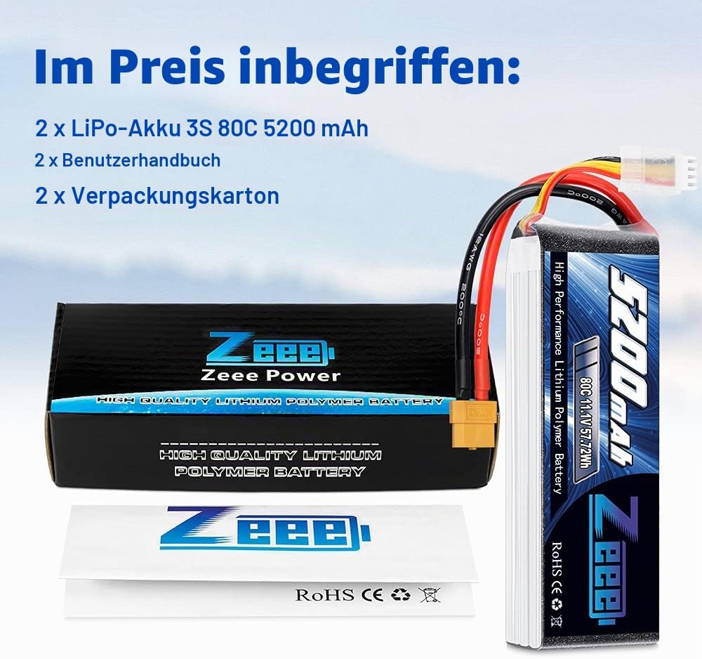 Zeee 3S LiPo Akku 5200mAh 11,1V 80C mit XT60 Steck für RC Auto, RC Flugzeug, RC Hubschrauber, RC Hob