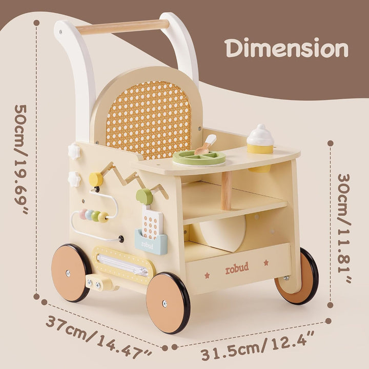 ROBUD Holz lauflernhilfe Baby Walker, 2-In-1 Puppe Lauflernwagen mit Montessori Busy Activity Board