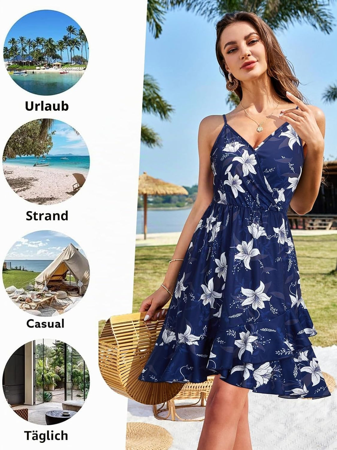 ULTRANICE Damen Sommerkleider Blumenmuster Kleid V-Ausschnitt Strandkleid Verstellbaren Spaghettiträ