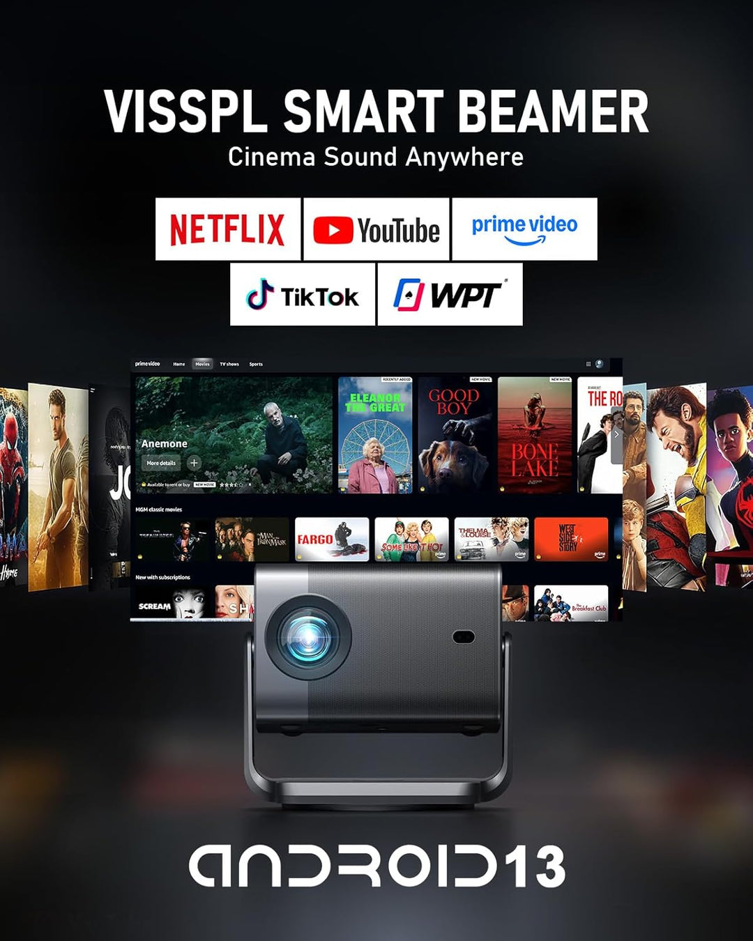 Smart Beamer 4K【Offiziell APPs & Dolby Audio】 4000ANSI Auto Fokus/6D Trapezkorrektur Video Projector