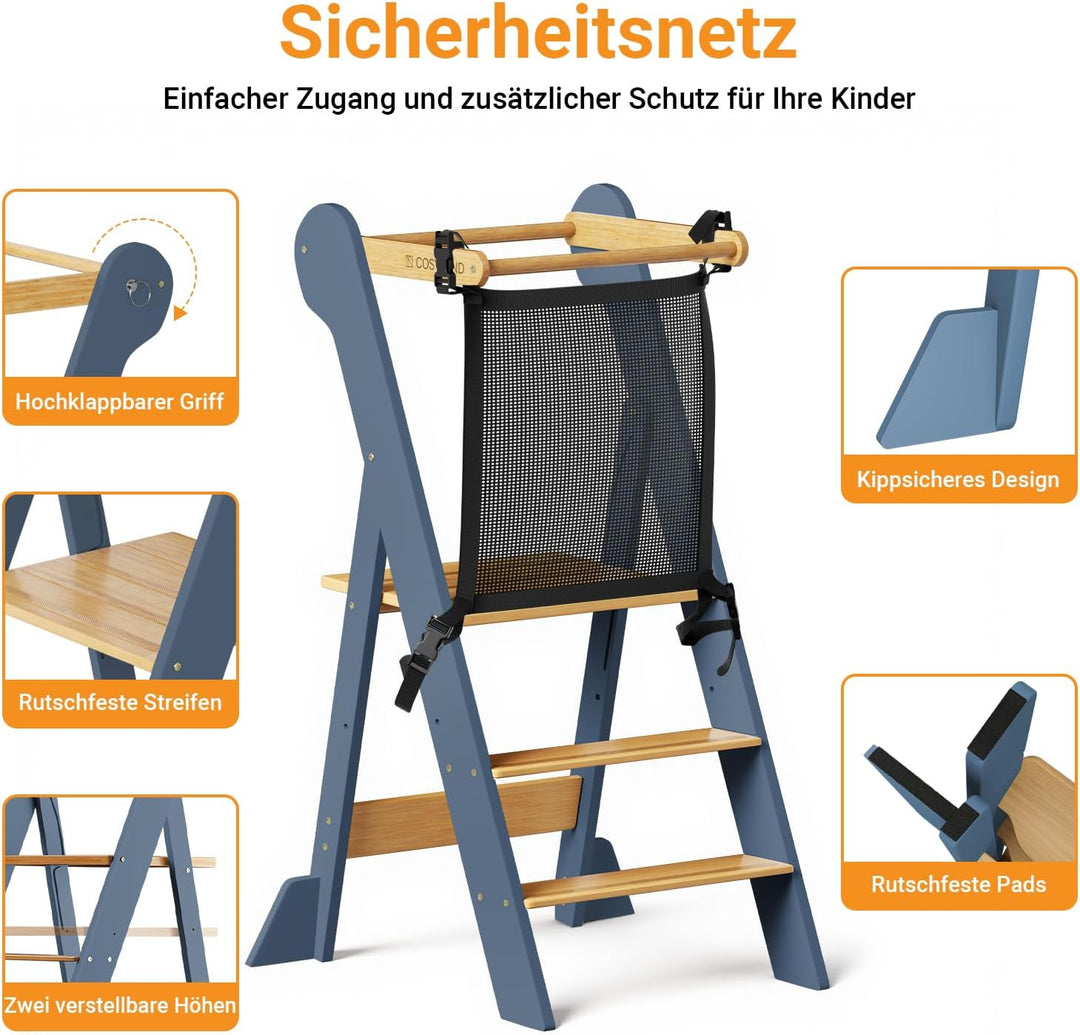 COSYLAND Montessori Lernturm ab 1 Jahr klappbar – Höhenverstellbarer Kinder Lernturm | Faltbarer Mon