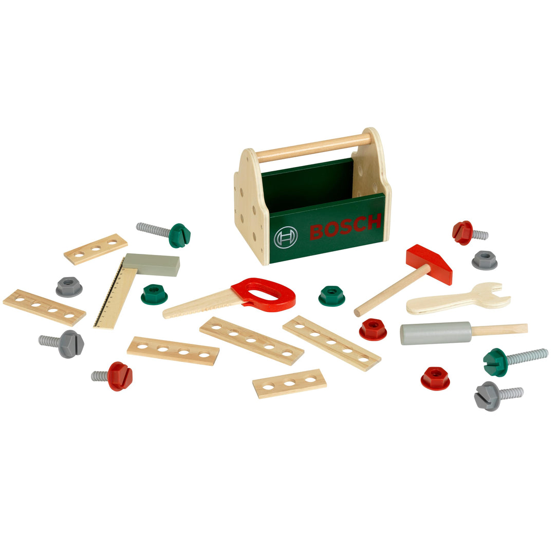 Theo Klein 8161 Bosch Werkzeug-Box aus Holz I Stabile Box mit praktischem Tragegriff I Inkl. Werkzeu