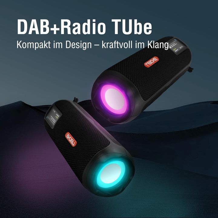 LEICKE DAB+ Radio Tube - Tragbarer Bluetooth Lautsprecher mit DAB+/FM, 4500mAh Akku, RGB-LED Lichter