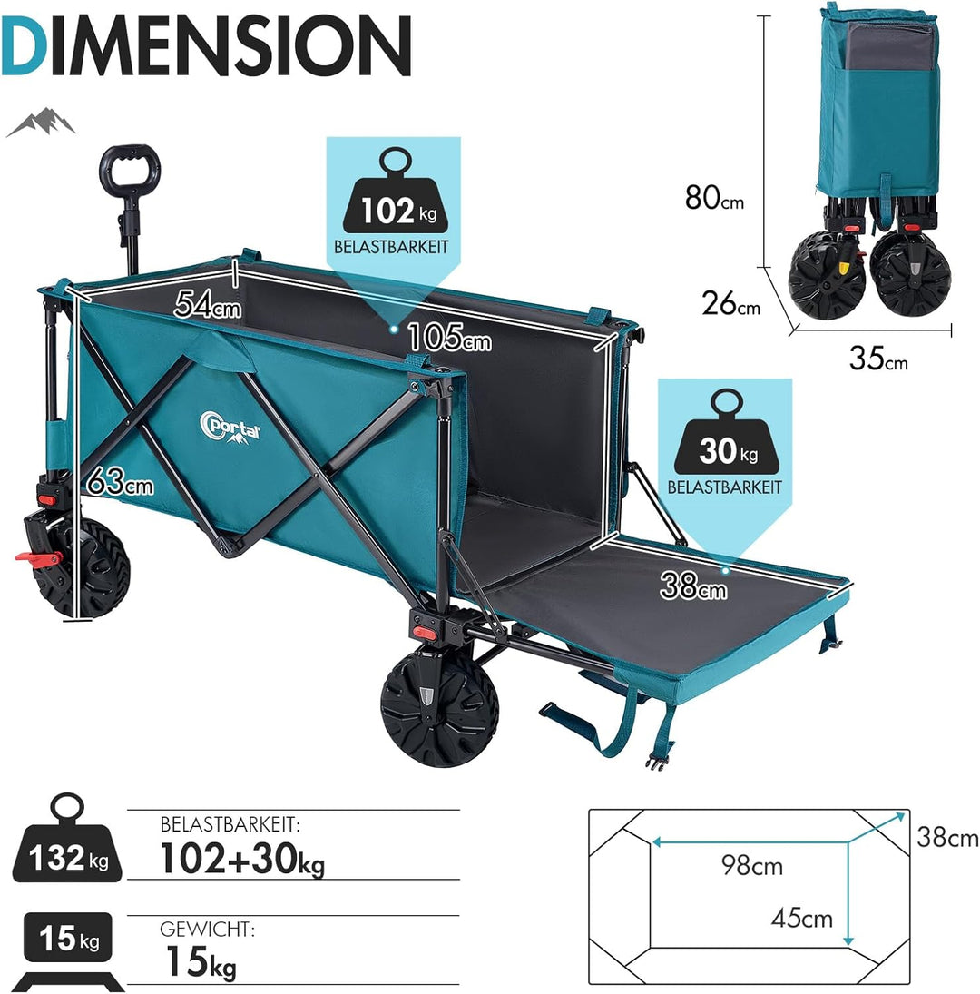 PORTAL Bollerwagen faltbar XXXL 300L grösse Reifen 17x10cm mit Bremse Getränkehalter Seitentasche Fa