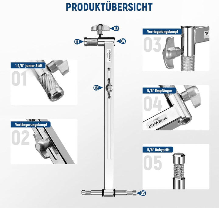 NEEWER versetzter Arm mit Zwei 5/8" Babystift für LED Videolicht Studioblitz, 19"-28" ausziehbar mit