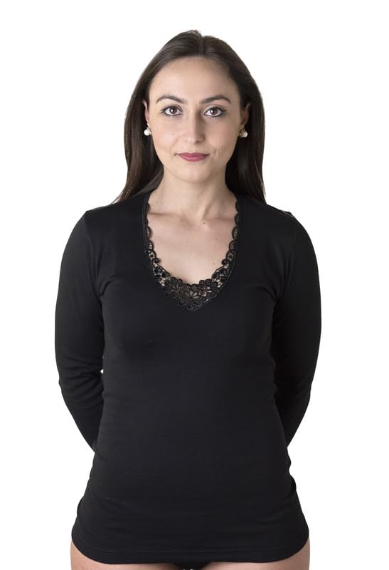 Made in Italy- 3 Underwear Shirt in Warmer Cotton with Long Sleeve for Woman with lacy makramee or S