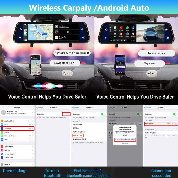 Hodozzy Spiegel Dashcam Carplay Wireless Android Auto Bluetooth 9,66 Zoll IPS Touchscreen Frontkamer