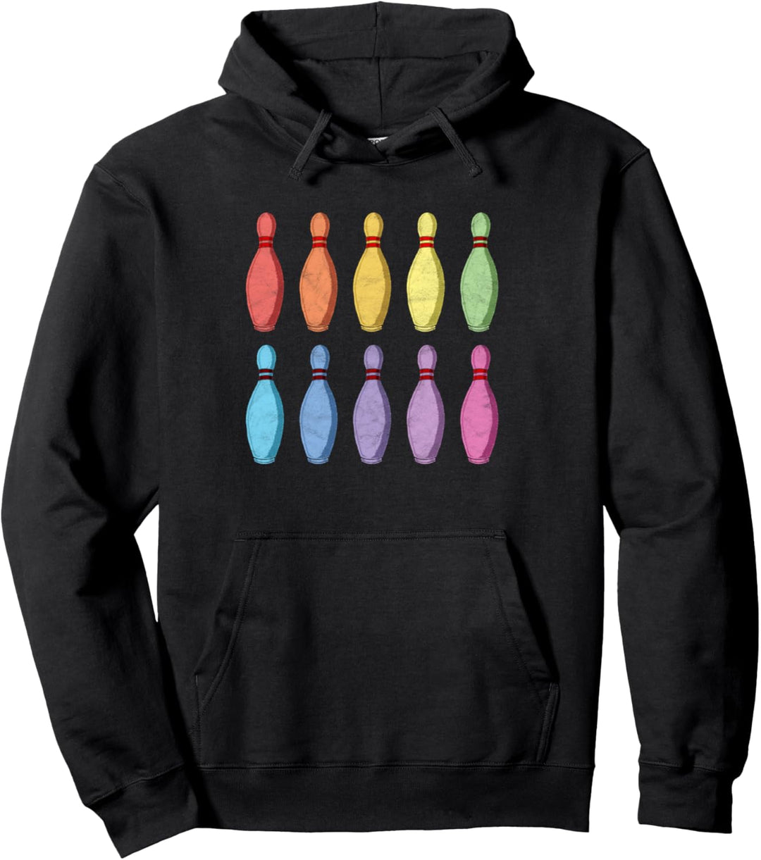 Vintage Bowling Pin Rainbow Pop Art 80's Retro Graphic Pullover Hoodie