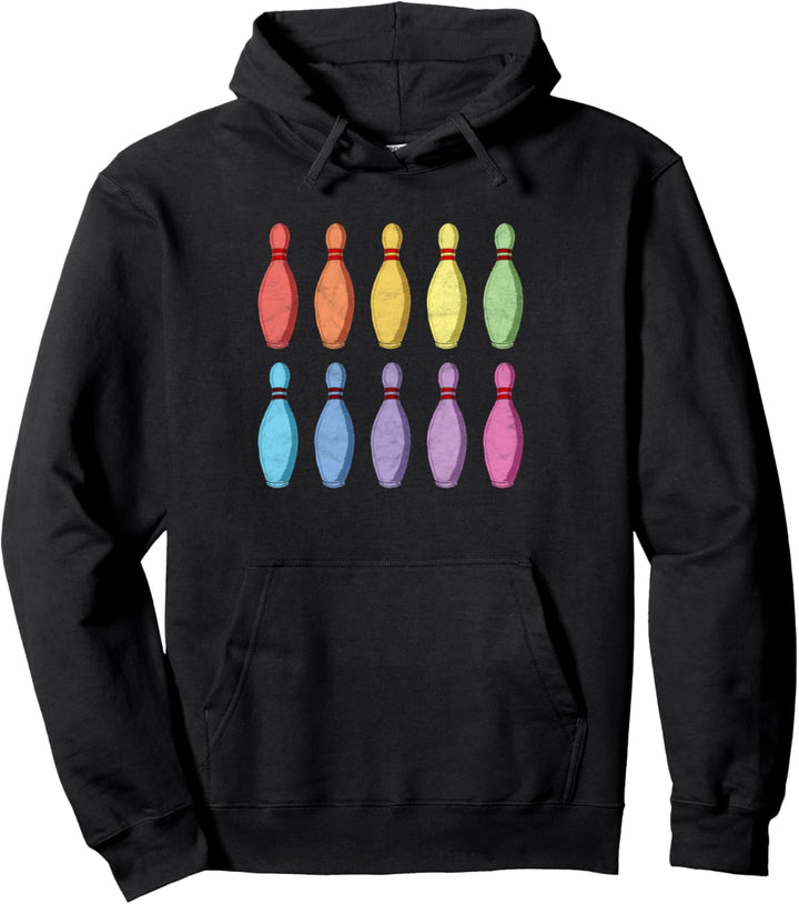 Vintage Bowling Pin Rainbow Pop Art 80's Retro Graphic Pullover Hoodie