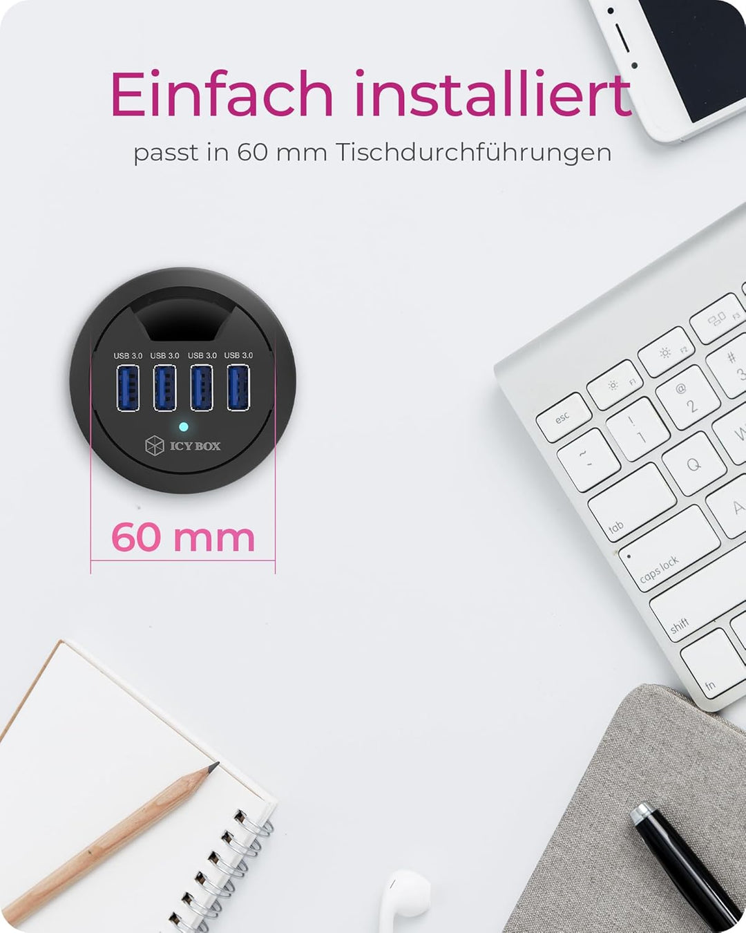 ICY BOX IB-Hub1403 USB-Tisch-Hub (60 mm) zum Einbau, 4x USB 3.0 Anschlüsse, Kabeldurchführung, 5 V S