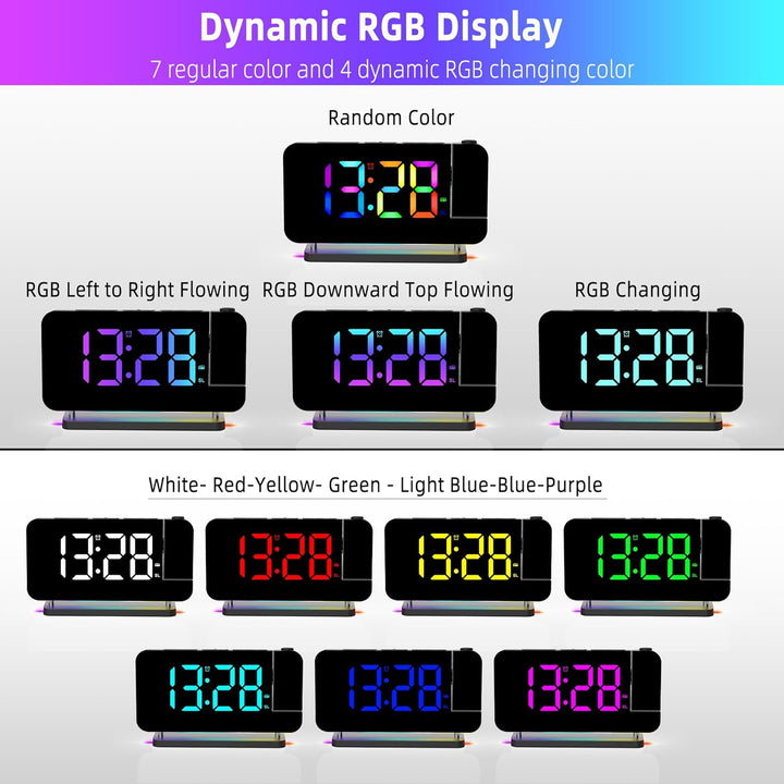 Lancoon Projektionswecker Bunter Wecker mit Radio Spiegelfläche mit 11 RGB Farbdisplay 10 Farben Nac