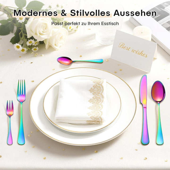 Besteck Set 6 Personen, 30 Teilig Regenbogen Besteckset mit Messer Gabel Löffel, Essbesteck Set Edel