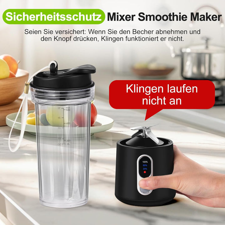 Tragbarer Mixer Smoothie Maker to go, 500ml Smoothie Mixer mit 4 Rostfreien Klingen Zerkleinert Eis