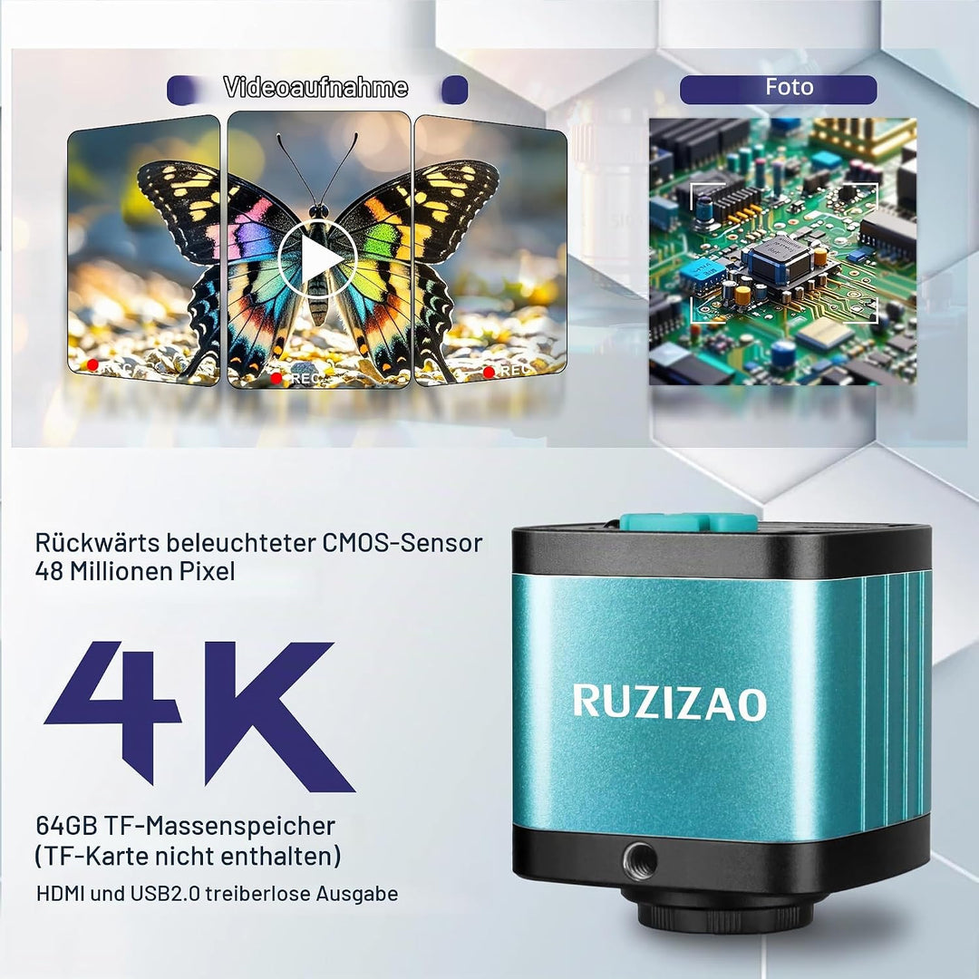 Digital Mikroskop, 48 Megapixel 1080P Industrie Mikroskop mit Metallfuss, HDMI/USB, 150X HD Objektiv
