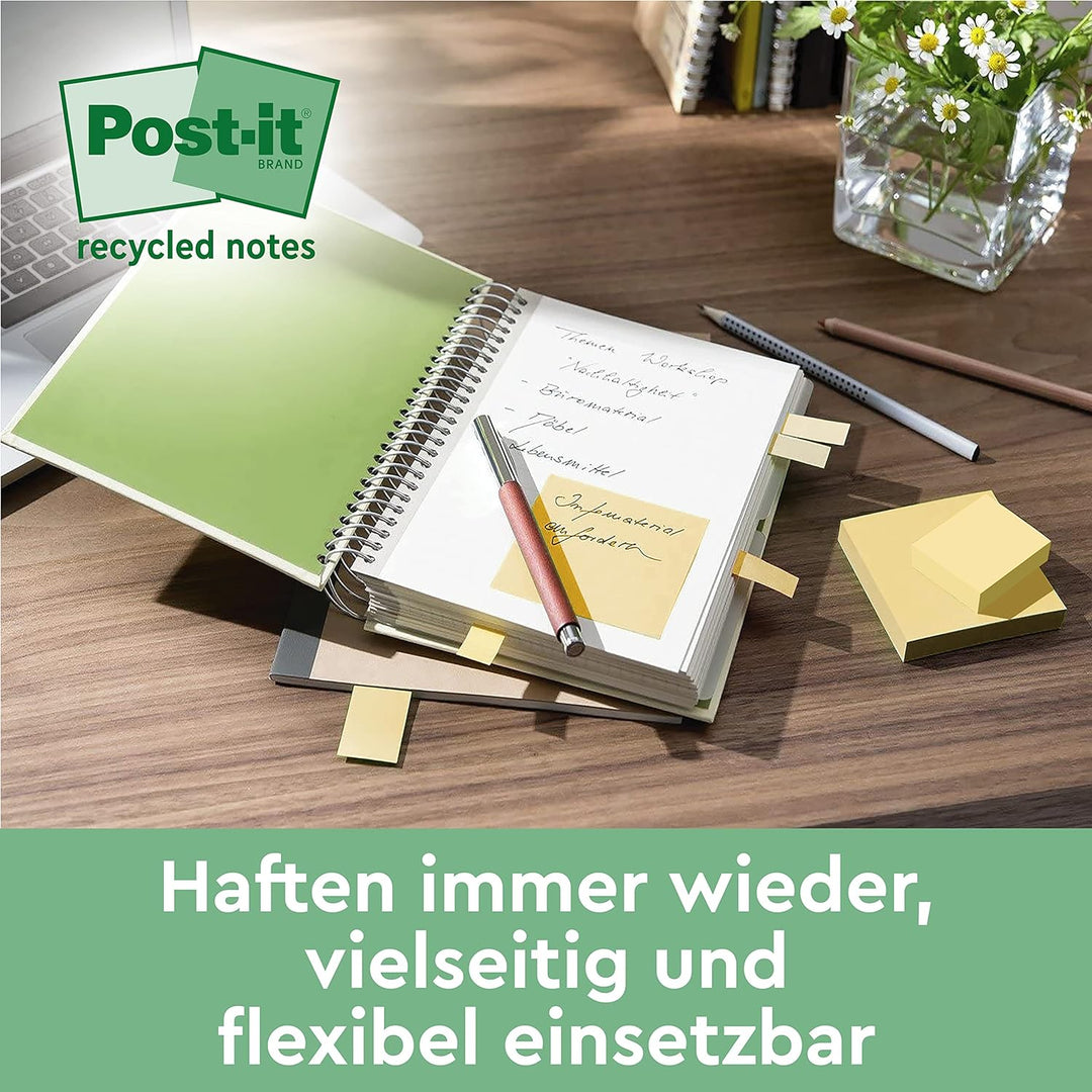 Post-it 654-1T Haftnotiz Recycling Notes Tower, 76 x 76 mm, 80 g, 100 Blatt, 16 Block, gelb 76 x 76
