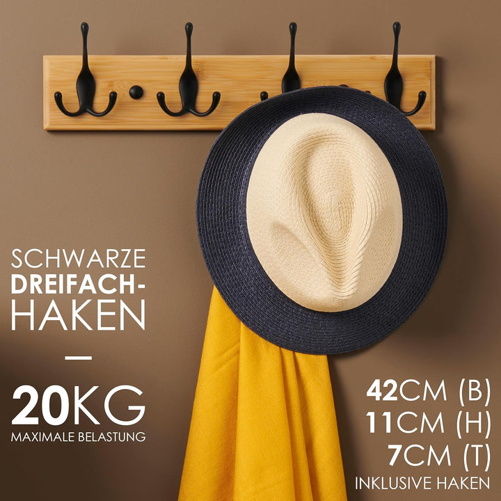 LARHN Garderobenhaken Holz - Garderobenleiste Holz mit 4 Haken in Schwarz - 42 cm - Kleiderhaken Wan