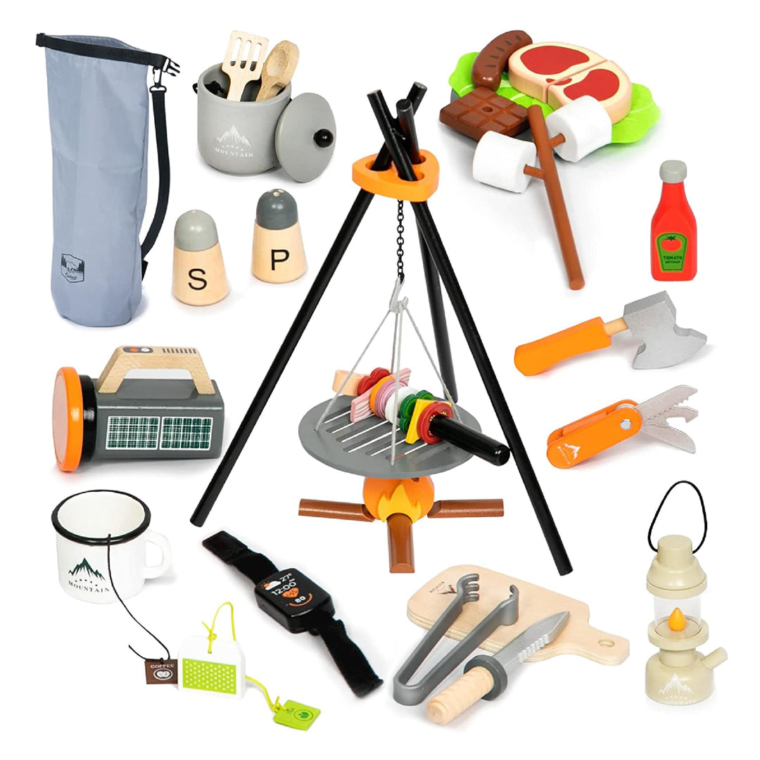 UMU® Camping Spielset für Kinder aus Holz mit Lagerfeuer, Laterne, Messer, Beil u. v. m., Abenteuer