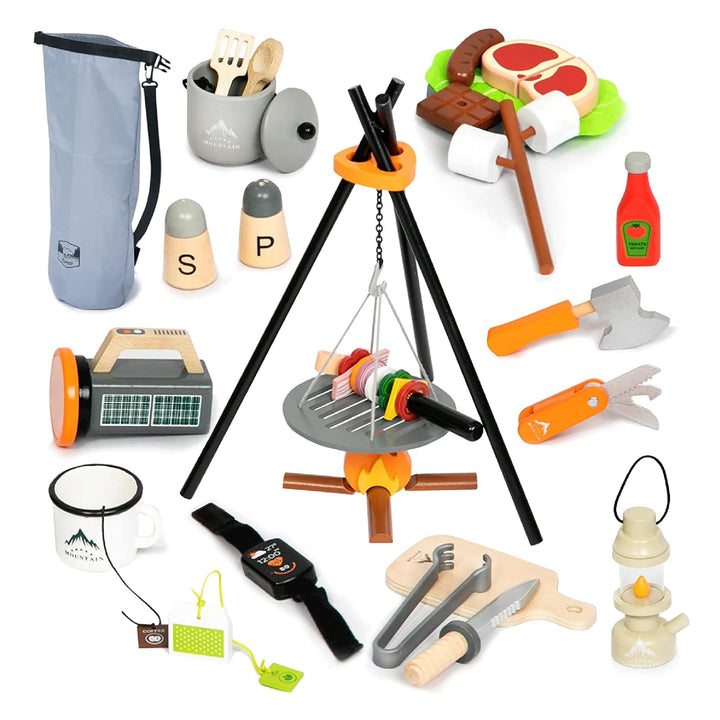 UMU® Camping Spielset für Kinder aus Holz mit Lagerfeuer, Laterne, Messer, Beil u. v. m., Abenteuer